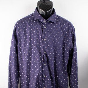 WAM Classic Tailored Fit Men's XXL Long Sleeve Button Shirt Blue Leaf Design